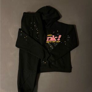 Black and pink Sp5der Graphic Hoodie and Sweatpants Set